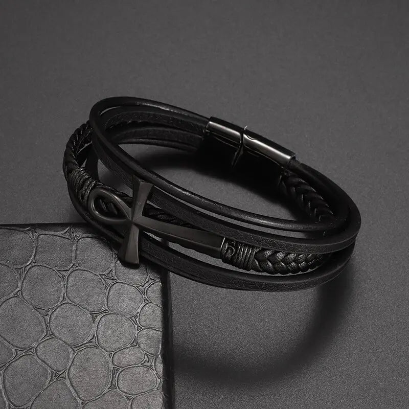 Egyptian Braided Leather Bracelet Ankh Cross black
