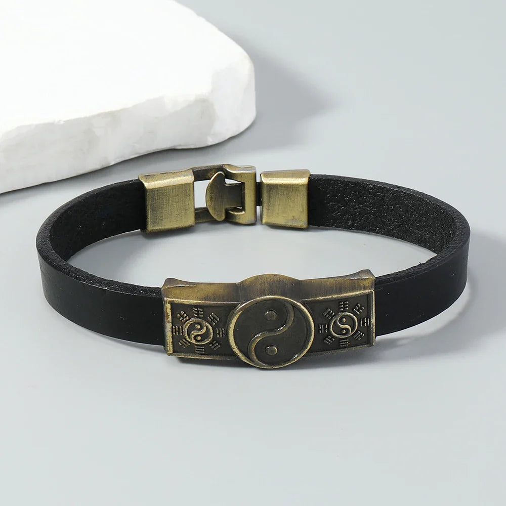 Black Yin Yang Leather Bracelet