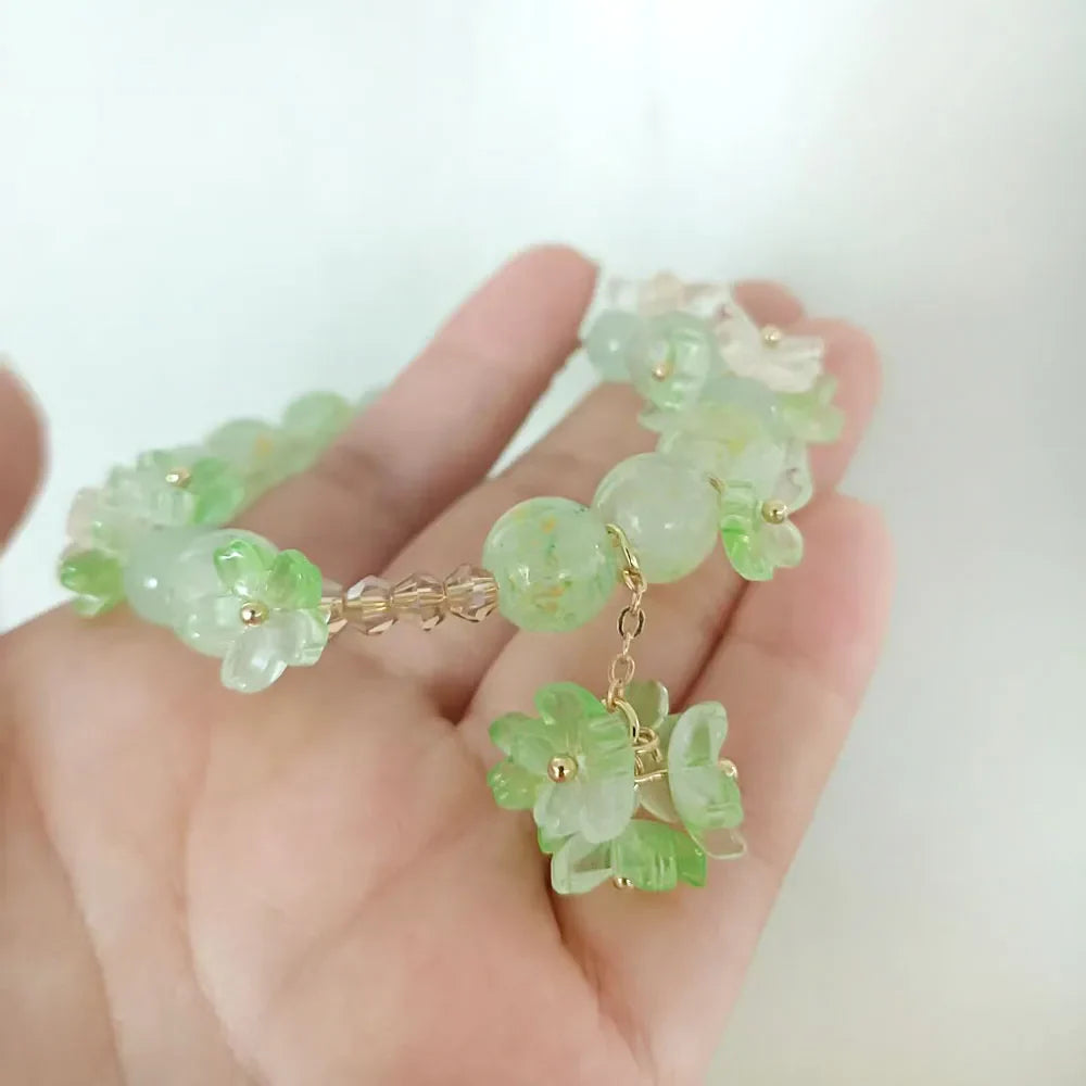 Beaded Bracelet with Green Flowers