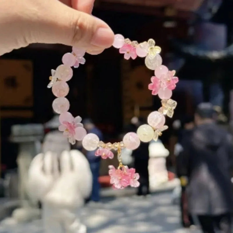 Beaded Bracelet with Pink Flowers