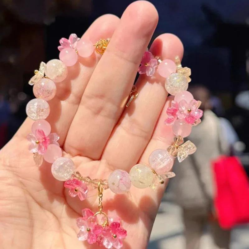 Beaded Bracelet with Pink Flowers