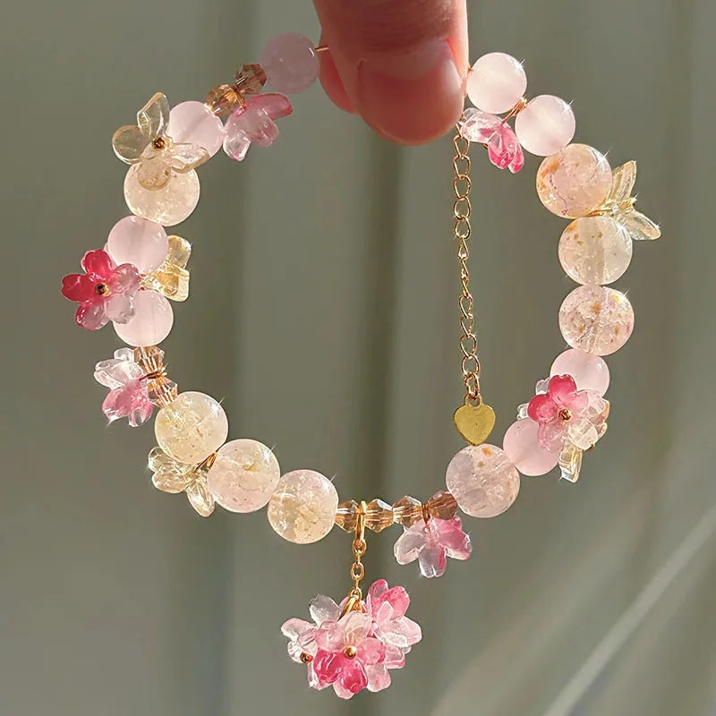 Beaded Bracelet with Pink Flowers