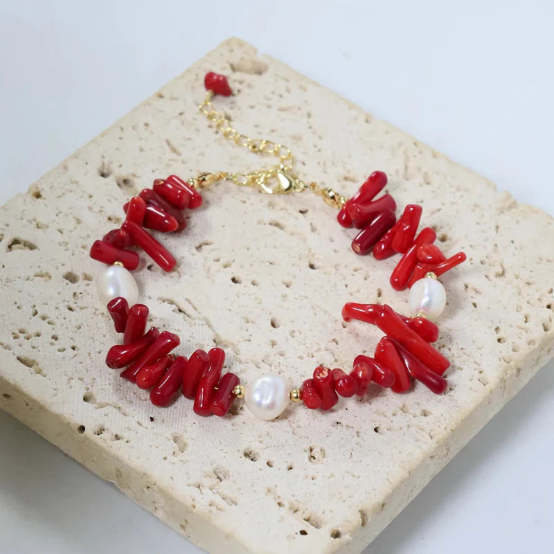 Coral Stone and Pearl Bracelet