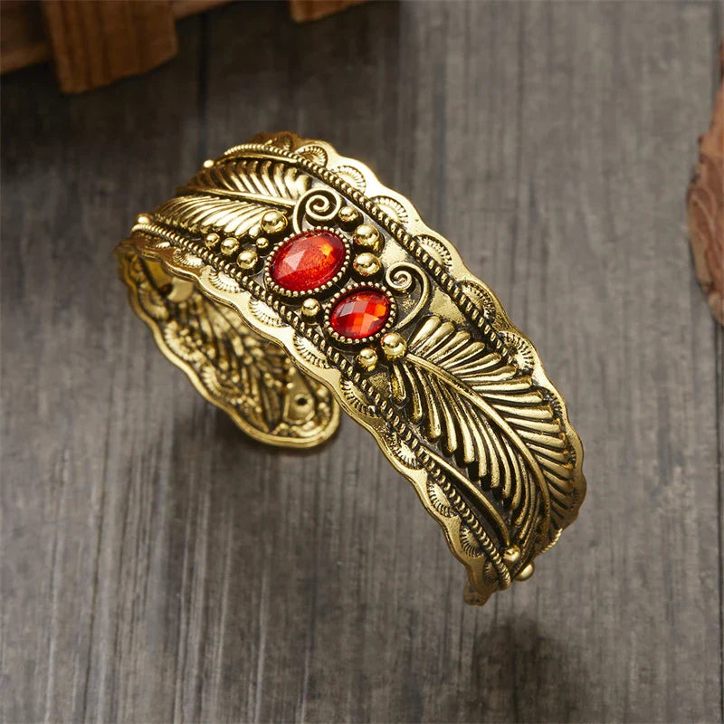 Vintage Ethnic Bracelet with Stones and Gold Feathers