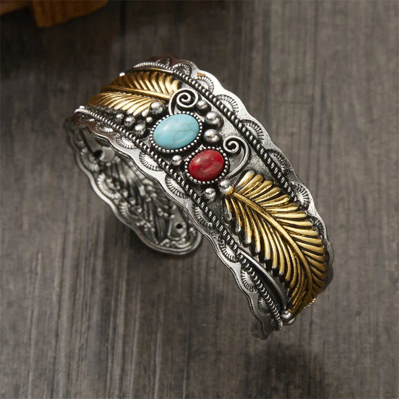 Vintage Ethnic Bracelet with Stones and Gold and Silver Feathers