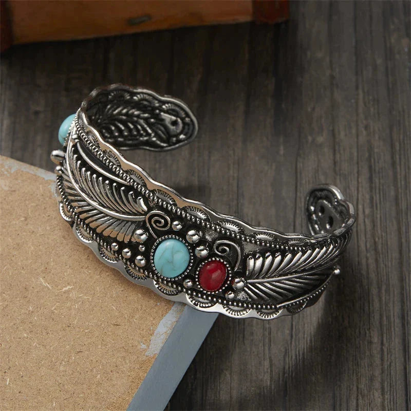 Vintage Ethnic Bracelet with Stones and Silver Feathers