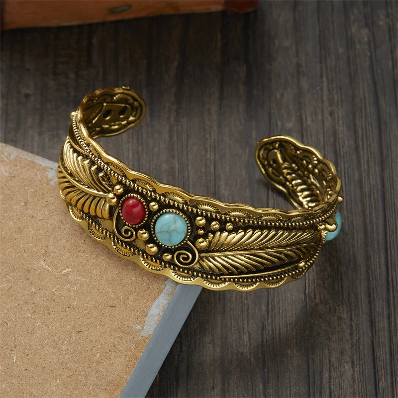 Vintage Ethnic Bracelet with Stones and Gold Feathers