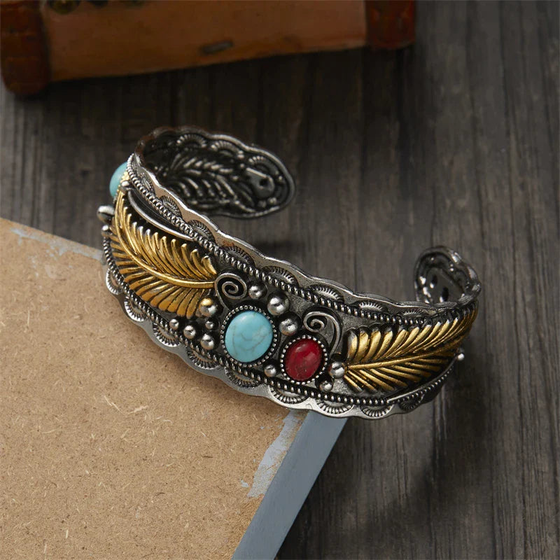 Bracelet Ethnique Vintage avec Pierres et Plumes or et argent