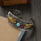 Bracelet Ethnique Vintage avec Pierres et Plumes or et argent