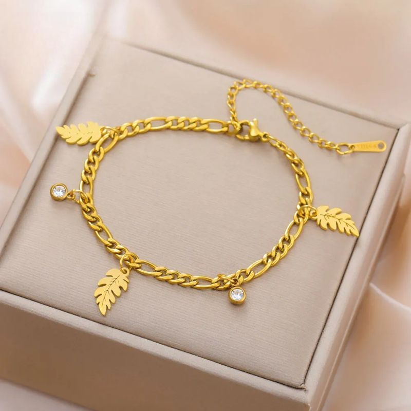 Palm Leaf and Zircon Gold Bracelet