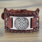 Brown and Silver Men's Leather Flower of Life Bracelet