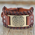 Brown Men's Leather Flower of Life Bracelet