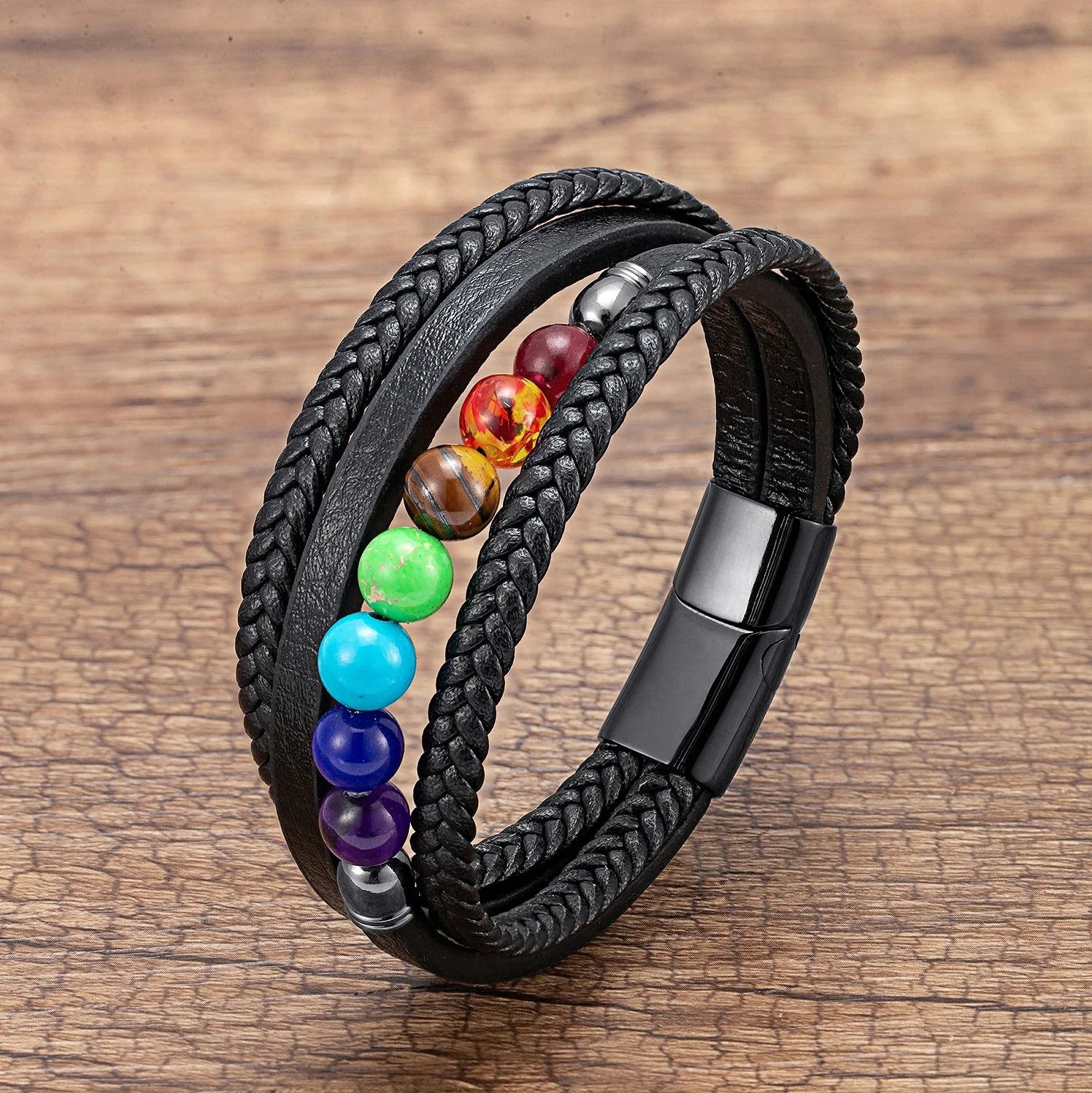 Men's Leather Bracelet 7 Chakras black
