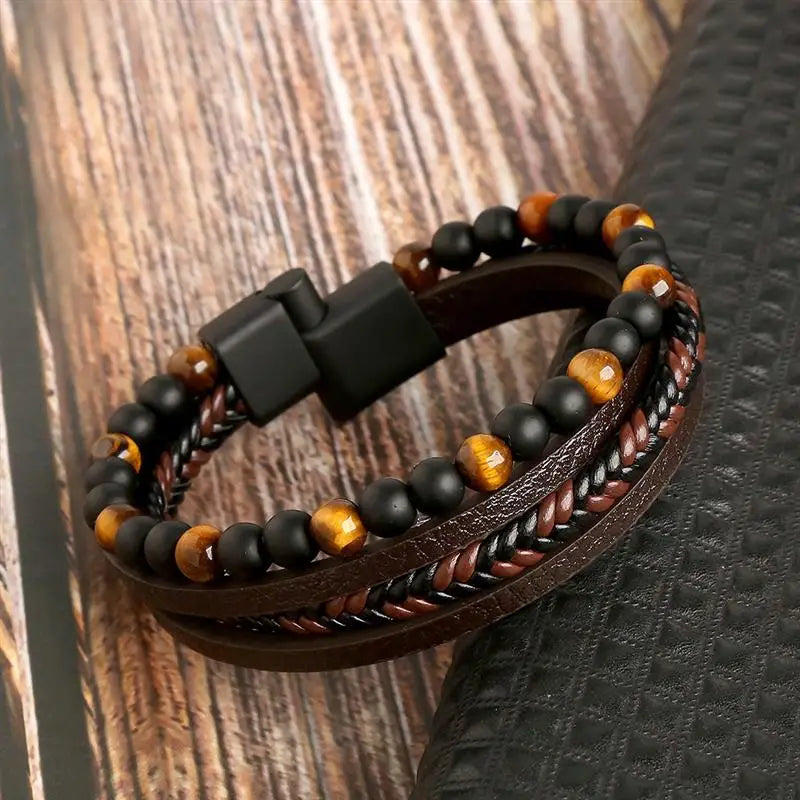 Men's Tiger Eye Leather Bracelet 