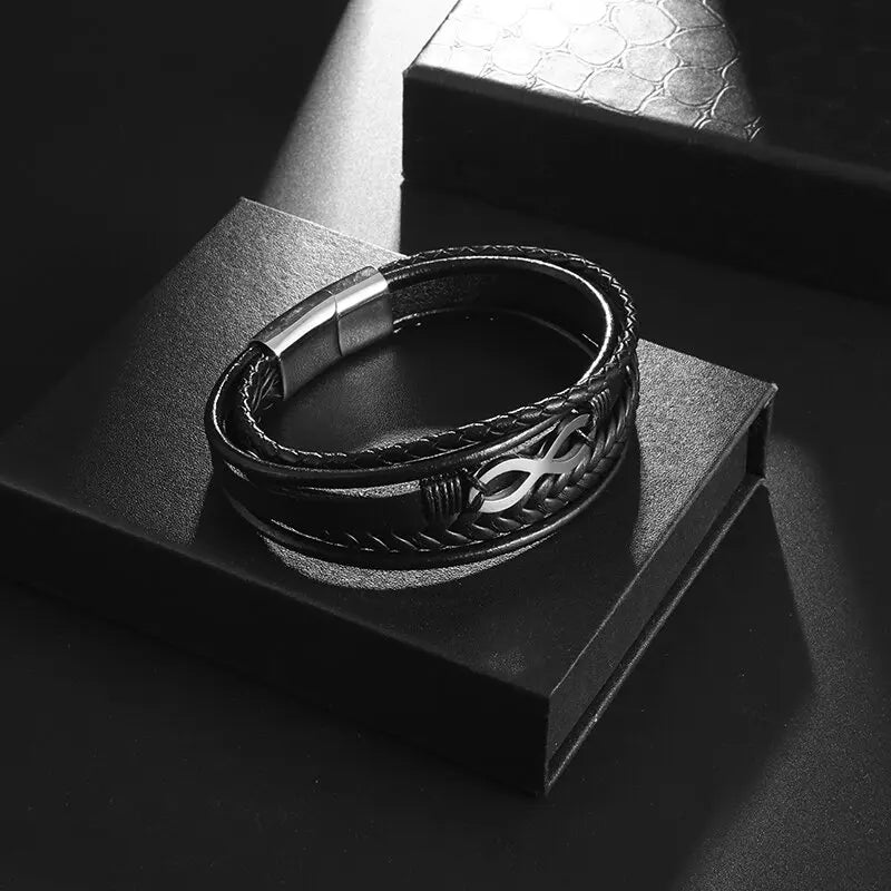 Infinity Bracelet Black Black and Silver Leather