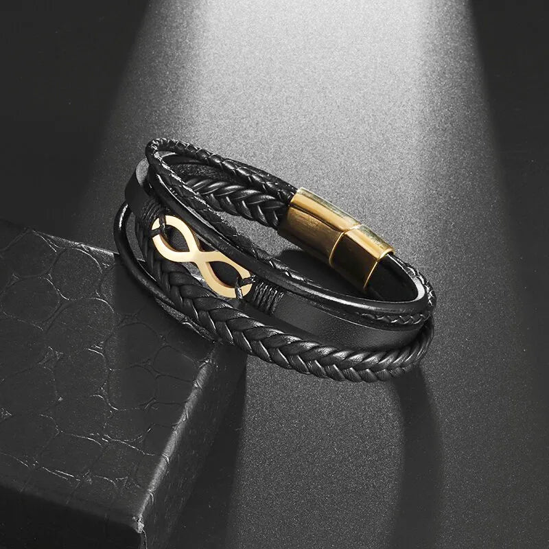Infinity Bracelet Black Black and Gold Leather