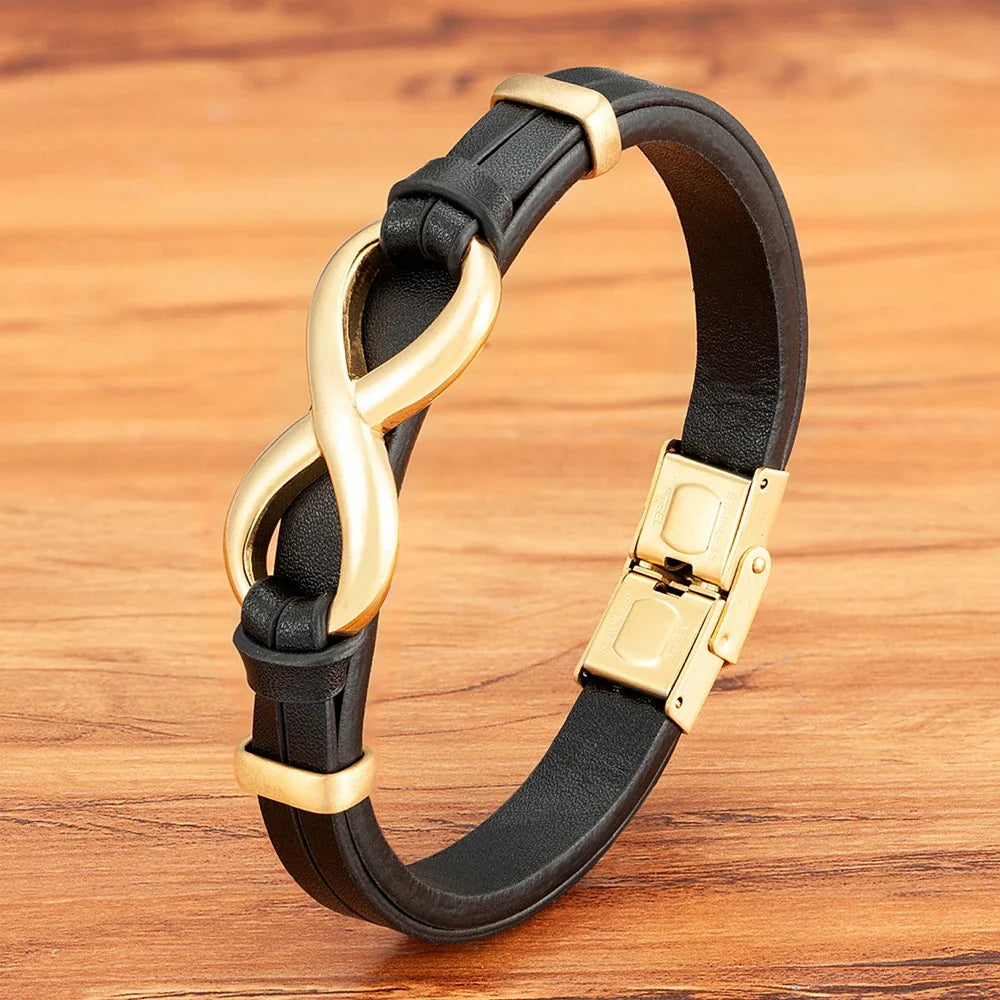 Black and gold Leather Infinity Bracelet