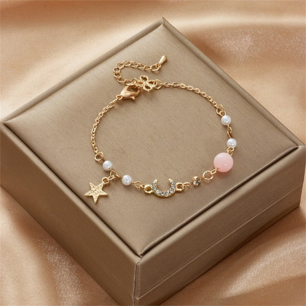 Moon and Star Bracelet Women's Pink Stars Chain Bracelet