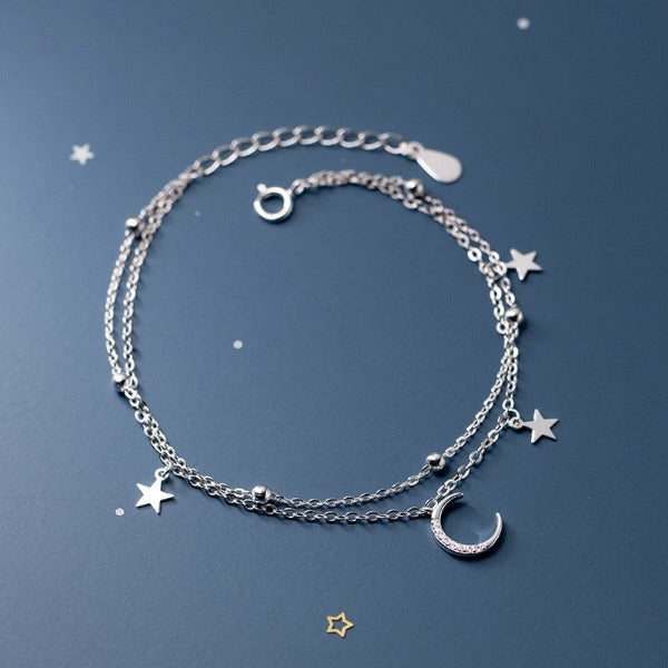 Moon and Star Bracelet Women's Silver Chain