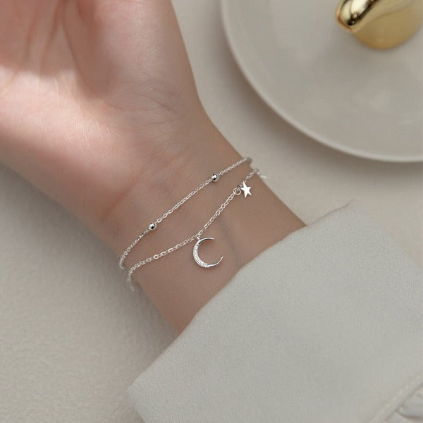 Moon and Star Bracelet Women's Silver Chain