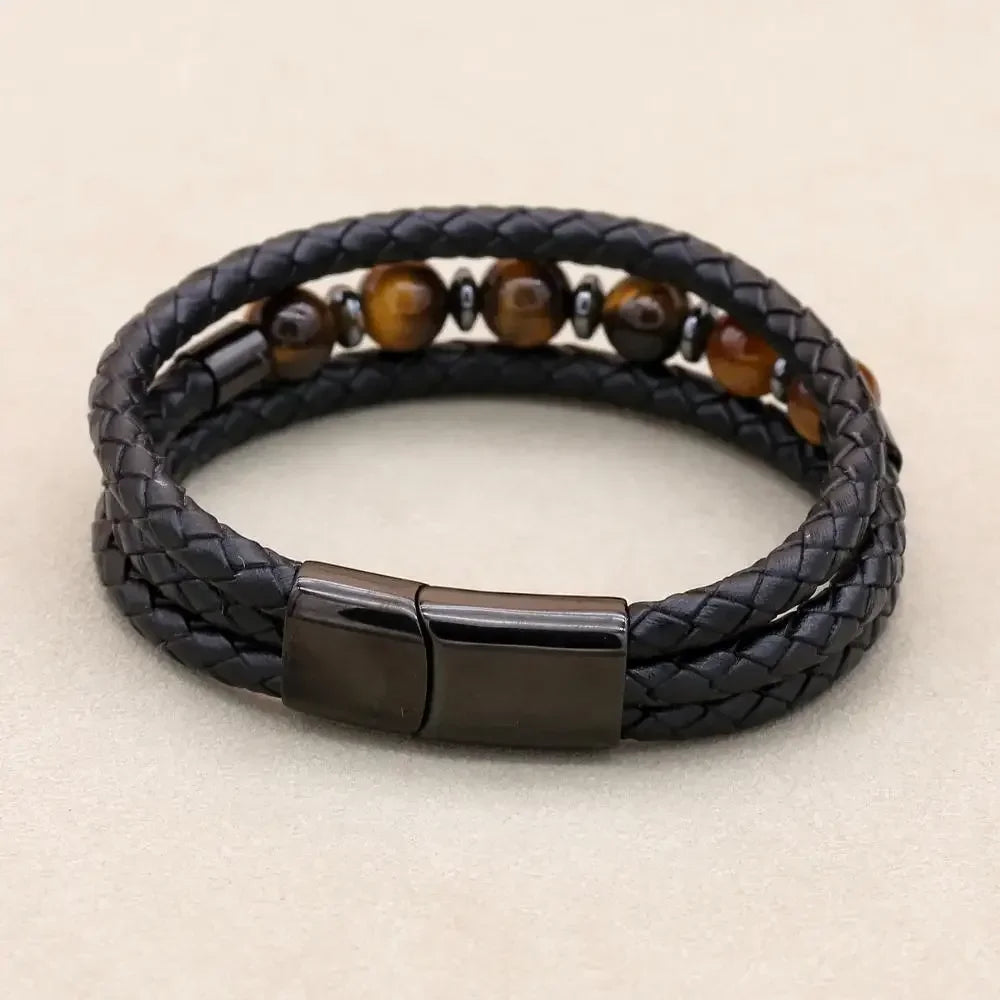 Tiger Eye Stone Leather Bracelet 
