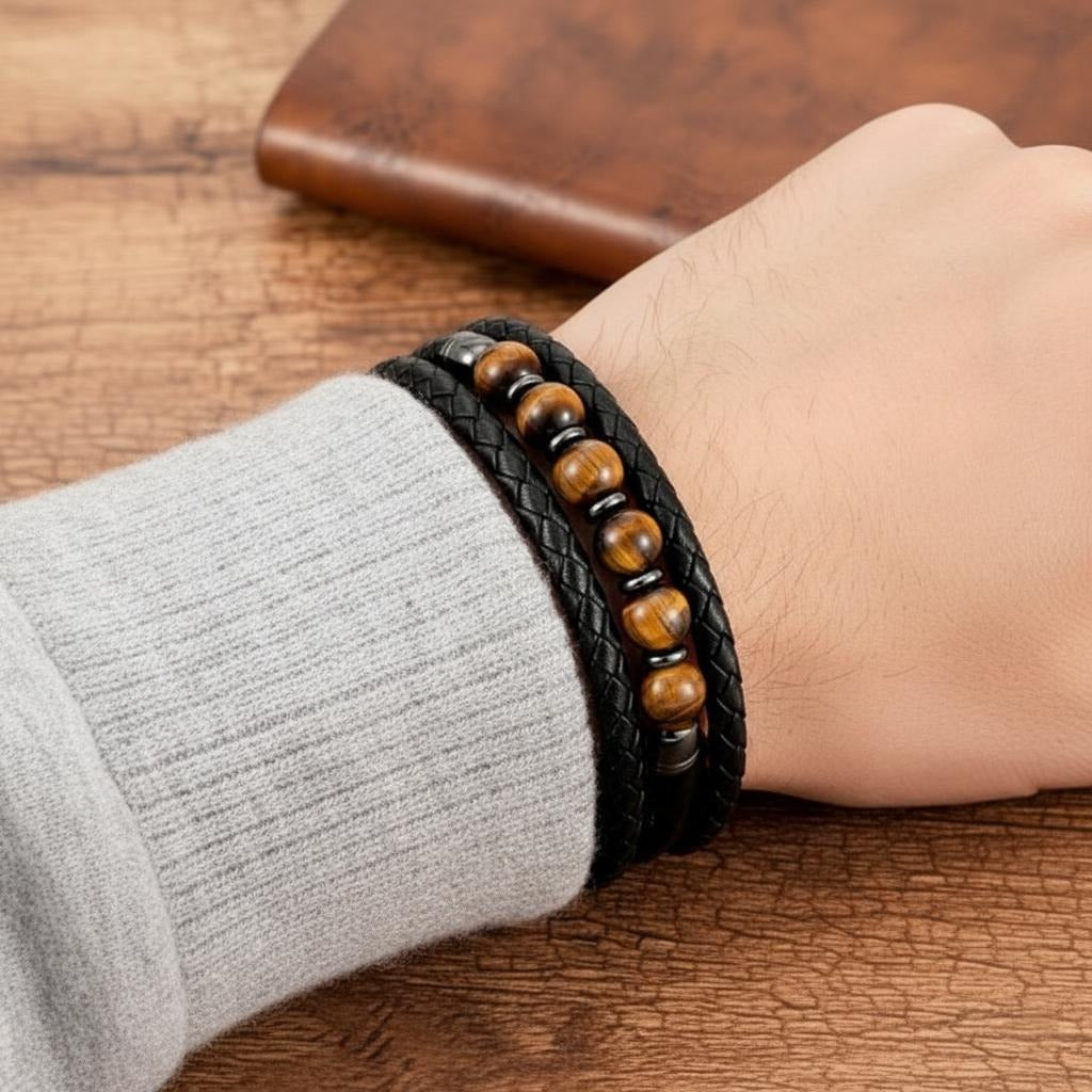 Tiger Eye Stone Leather Bracelet 