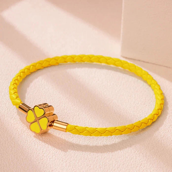 Braided Leather Bracelet with Four-Leaf Clover yellow