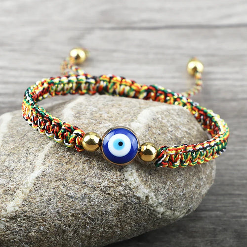 Bracelet Tresse Contre Mauvais Oeil Bleu multicolore et or