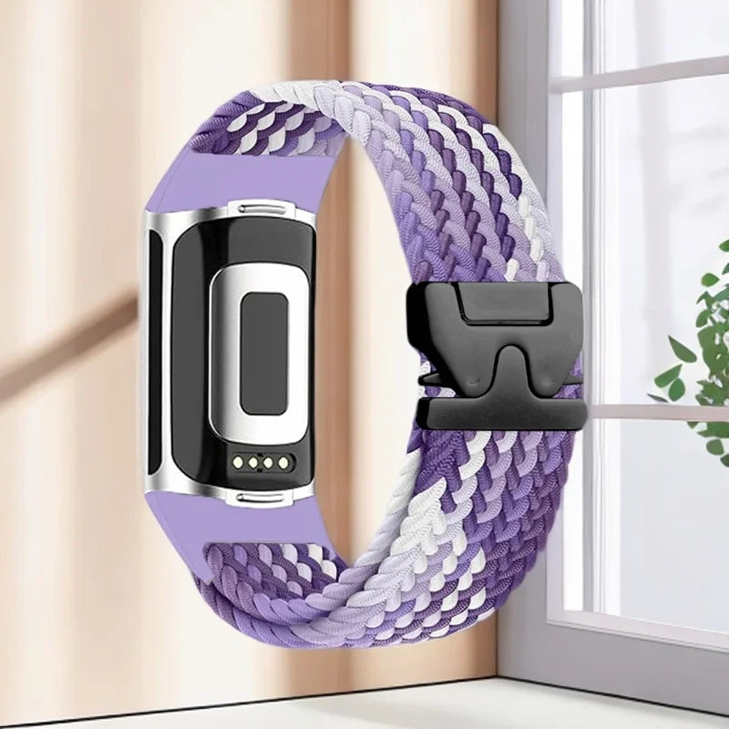 Bracelet tressé pour montre Fitbit Charge 5, Charge 6 violet et blanc