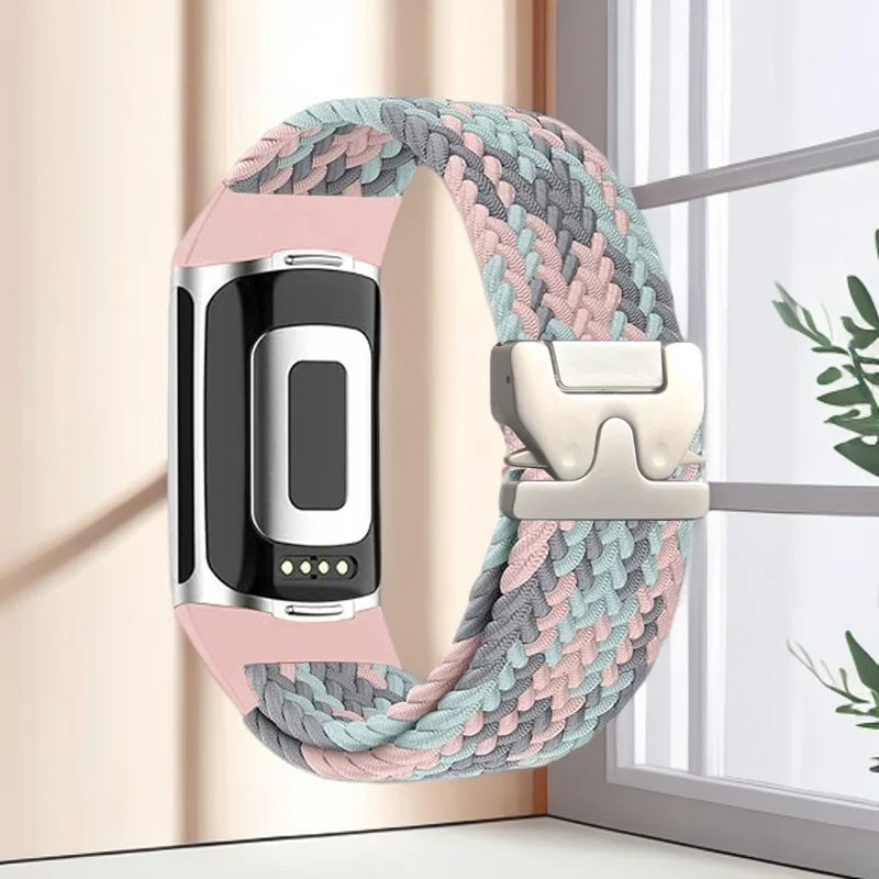 Bracelet tressé pour montre Fitbit Charge 5, Charge 6 rose gris