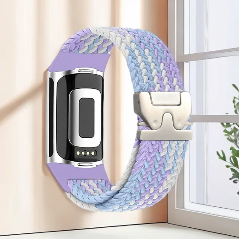 Bracelet tressé pour montre Fitbit Charge 5, Charge 6 violet et blanc