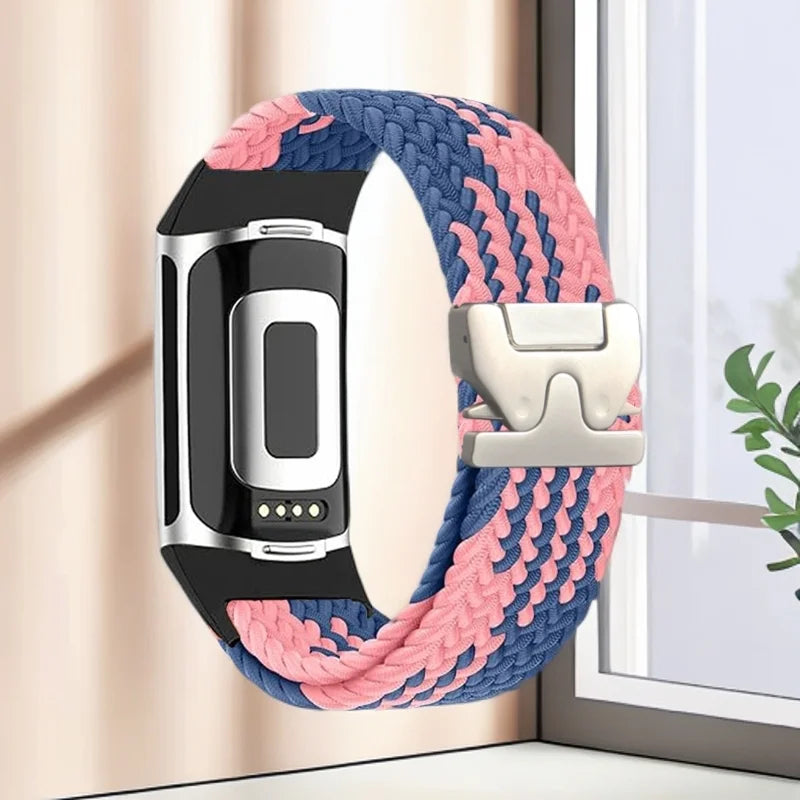 Bracelet tressé pour montre Fitbit Charge 5, Charge 6 rose bleu