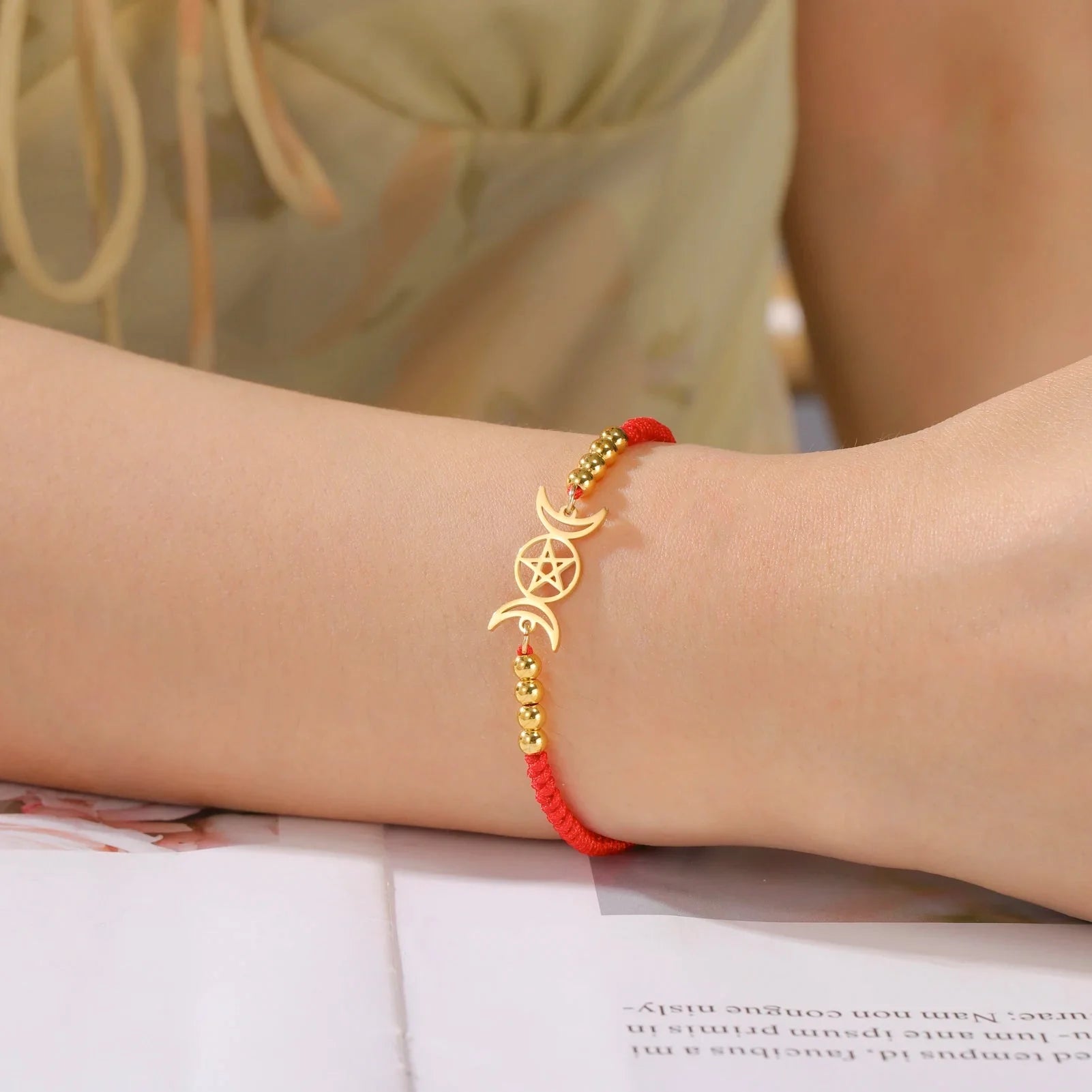 Triple Moon Braided Bracelet Witchcraft Wiccan Red Chain