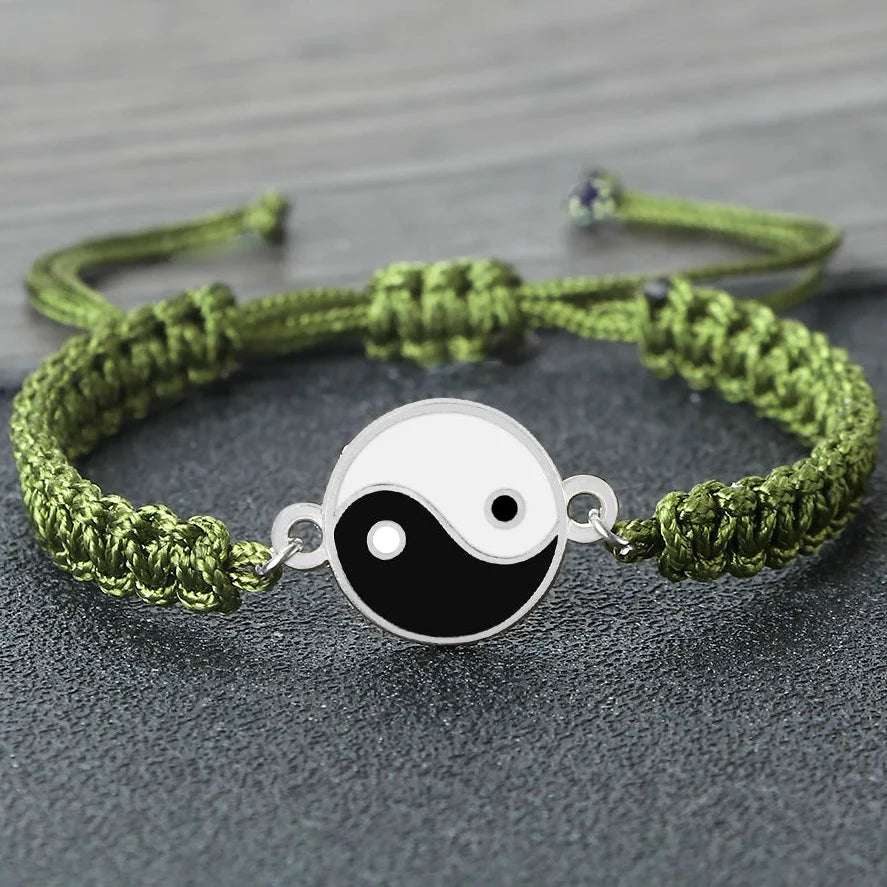 Green and Silver Yin Yang Braided Bracelet