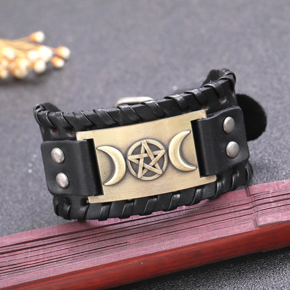 Triple Moon Leather Bracelet Wiccan Witchcraft 7