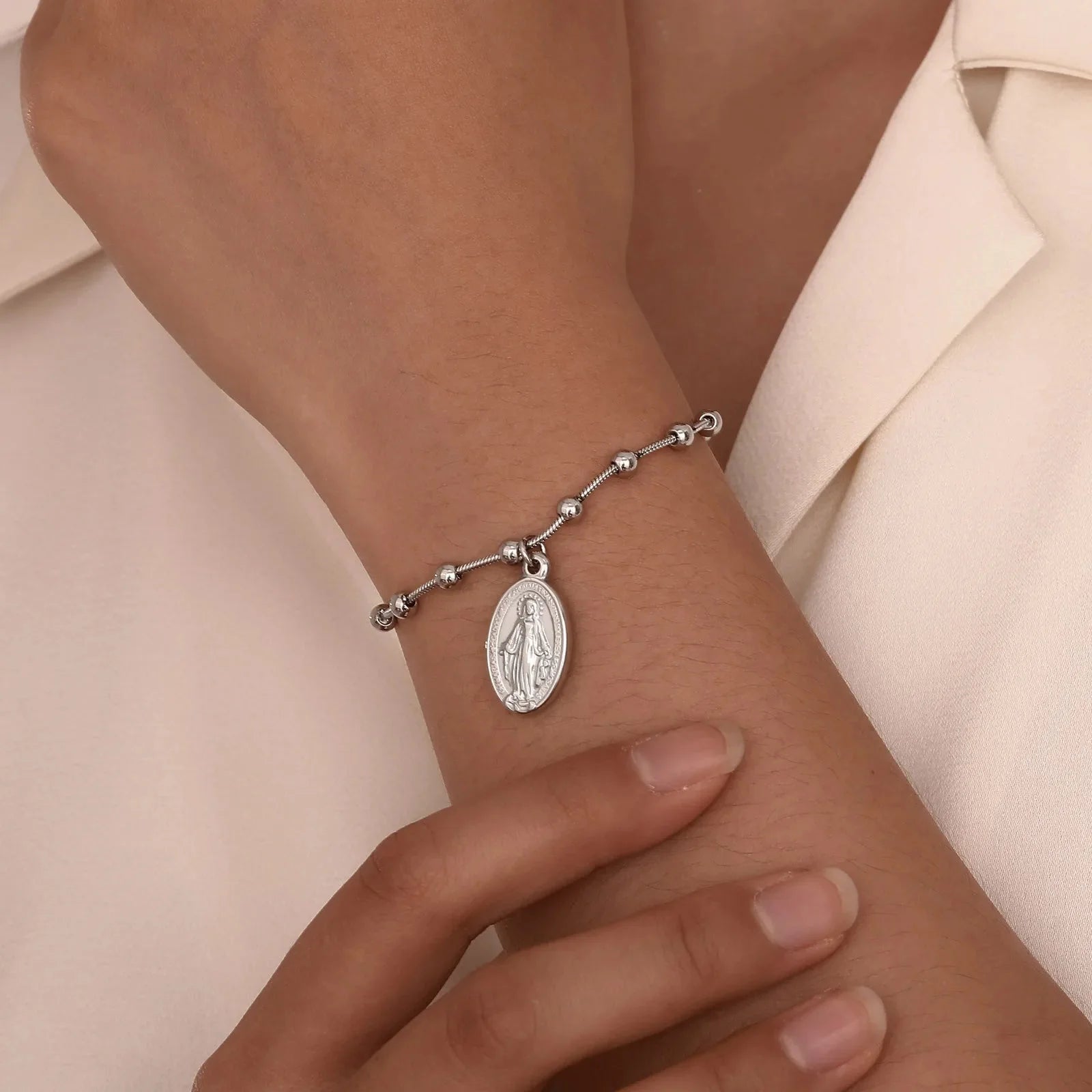 Virgin Mary Christian Silver ID Bracelet