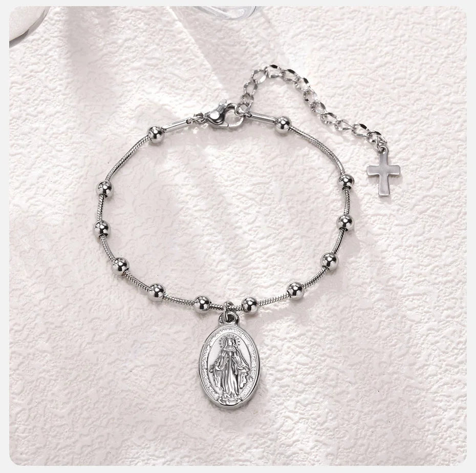 Virgin Mary Christian Silver ID Bracelet