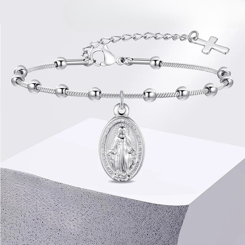 Virgin Mary Christian Silver ID Bracelet