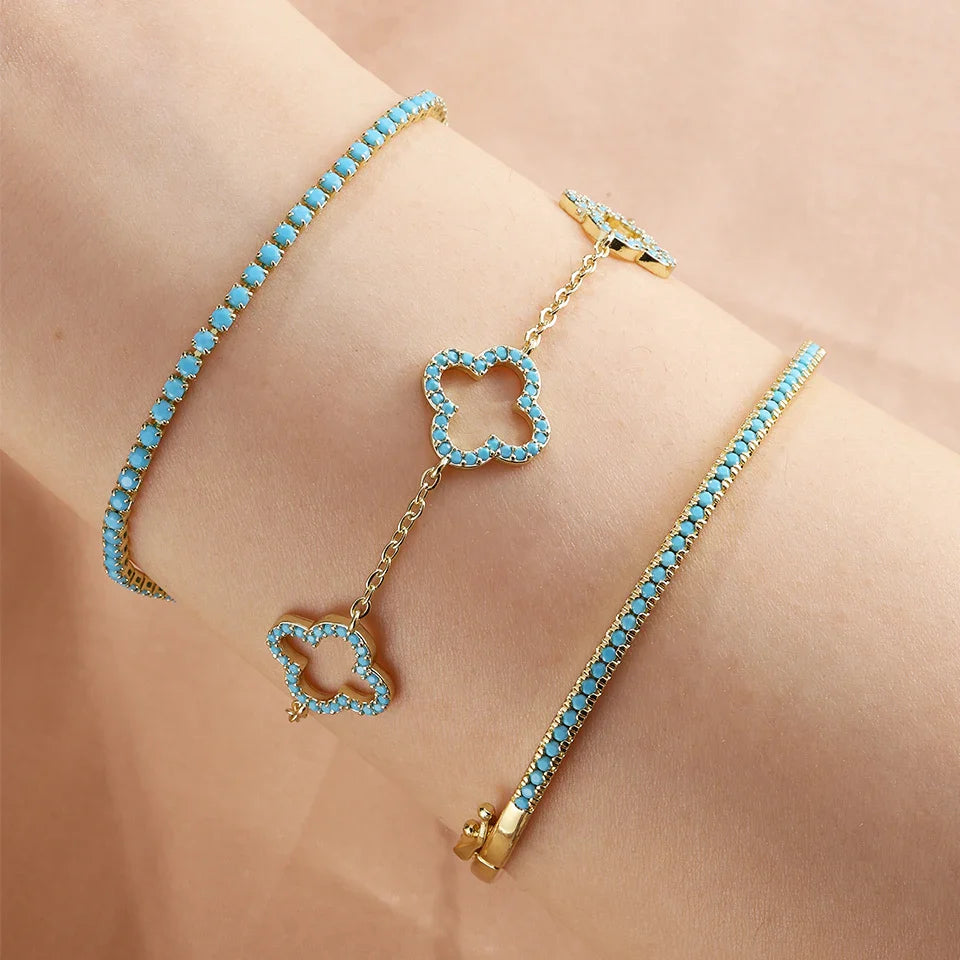 Set of 3 Bracelets with 4-Leaf Clovers in Blue Zircon
