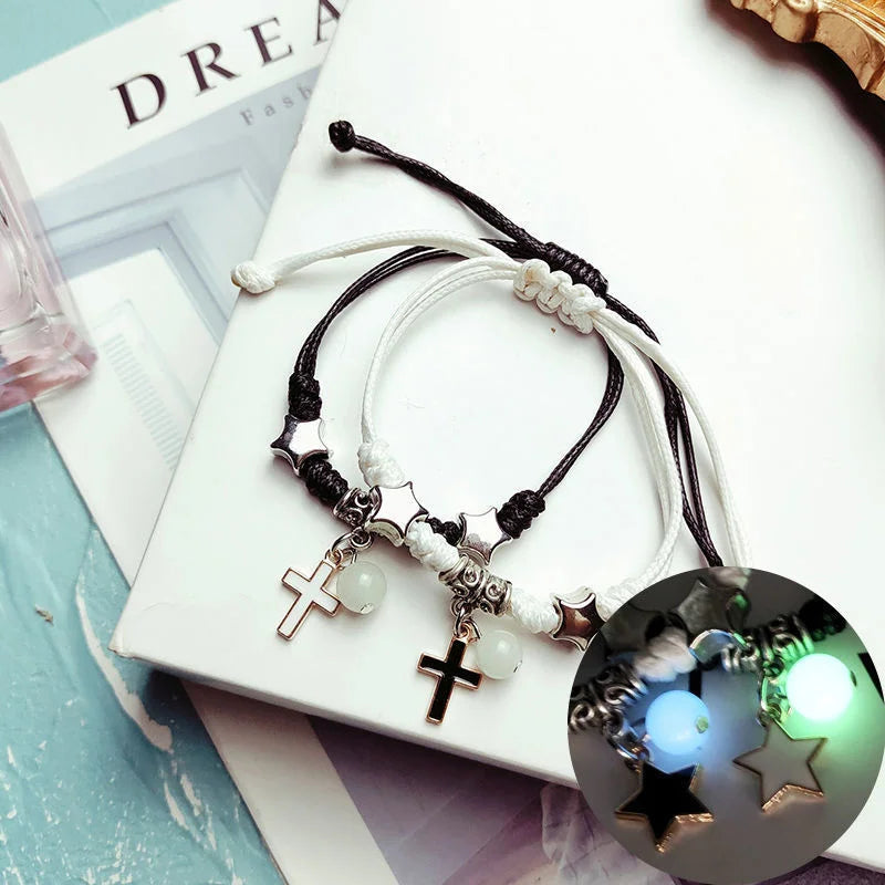 Couple Bracelets with Luminous Pearl Cross Chain