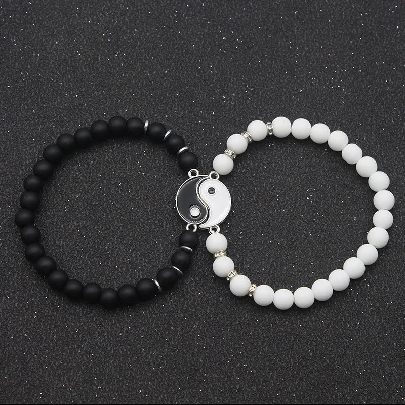 Bracelets for Couples Separable Gourmette Yin Yang in Black and White Natural Stones