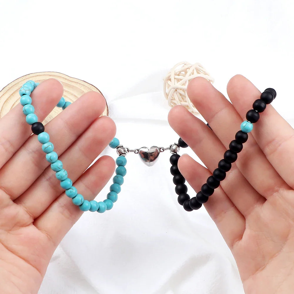 Magnetic Gourmette Couple Bracelets Sky Blue and Black Beads