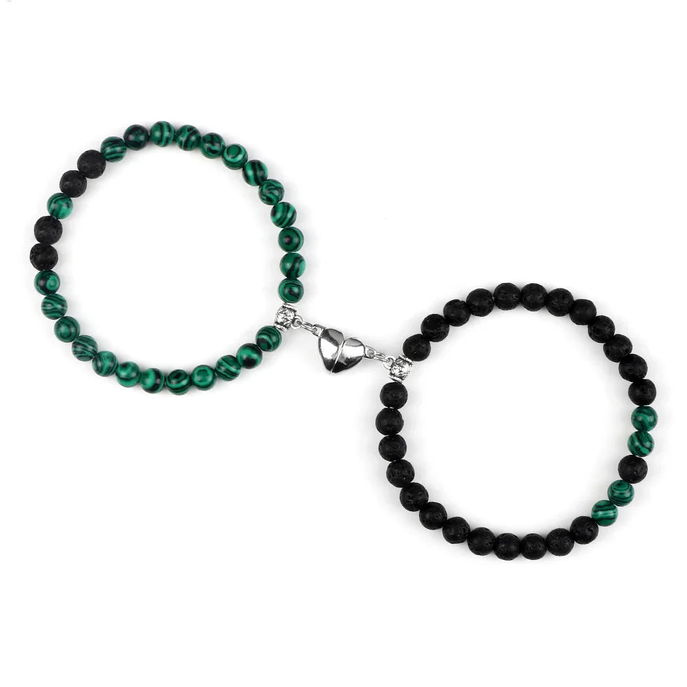 Magnetic Gourmette Couple Bracelets Green and Black Beads