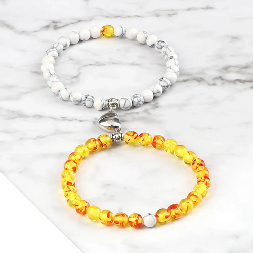 Magnetic Gourmette Couple Bracelets White Beads and Sunstone