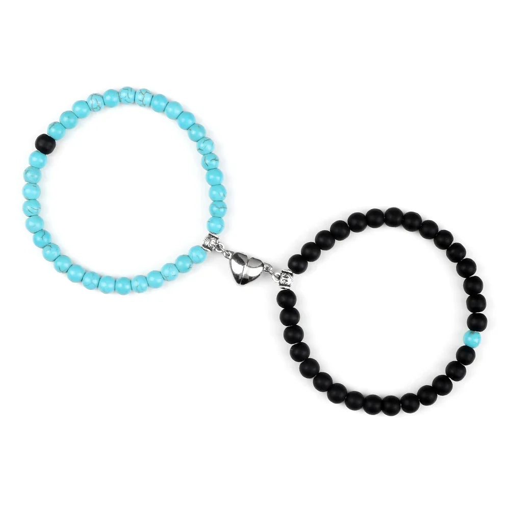 Magnetic Gourmette Couple Bracelets Sky Blue and Black Beads