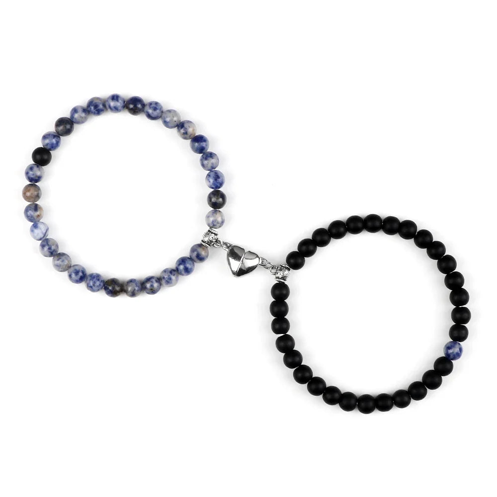 Magnetic Gourmette Couple Bracelets Blue Gray and Black Beads