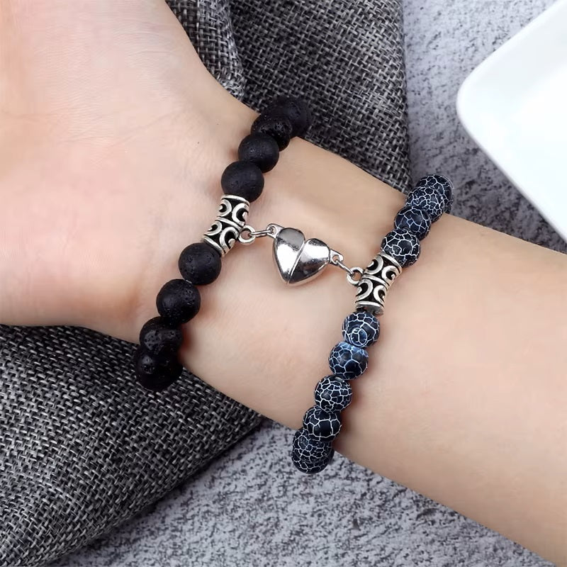 Magnetic Gourmette Couple Bracelets Black and Gray Beads