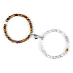 Magnetic Gourmette Couple Bracelets Tiger Eye and White Beads