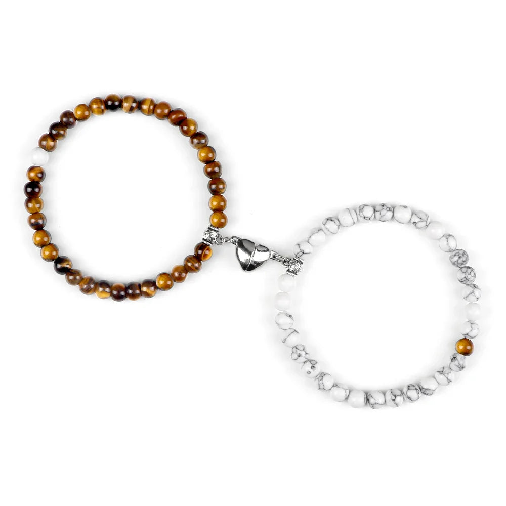 Magnetic Gourmette Couple Bracelets Tiger Eye and White Beads