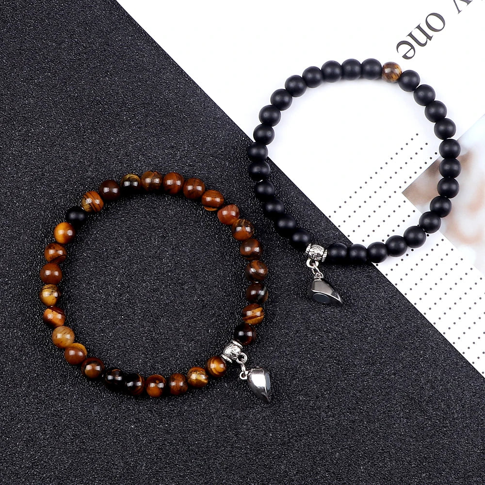 Magnetic Gourmette Couple Bracelets Tiger Eye and Black Beads